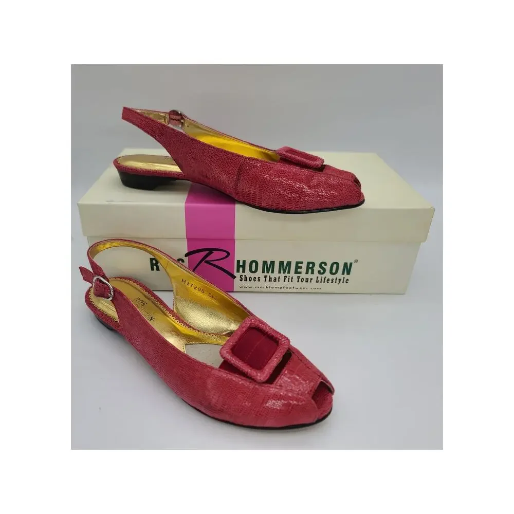 Ros Hommerson Haley Women's 5M Slingback Flats Red Lizard Open Toe w/Box
